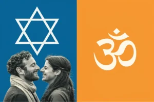 A split-screen image with Jewish and Hindu symbols.